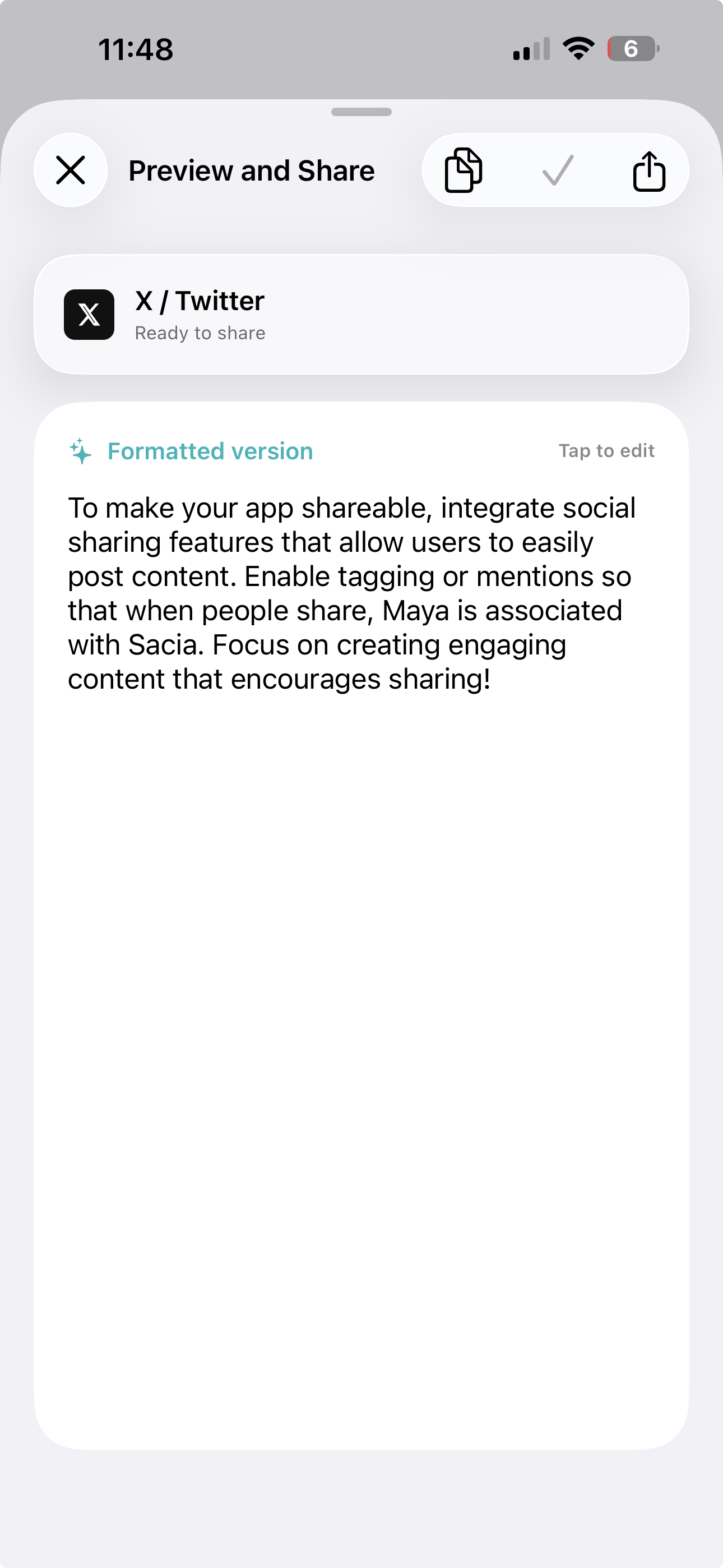 Dumple preview and share screen