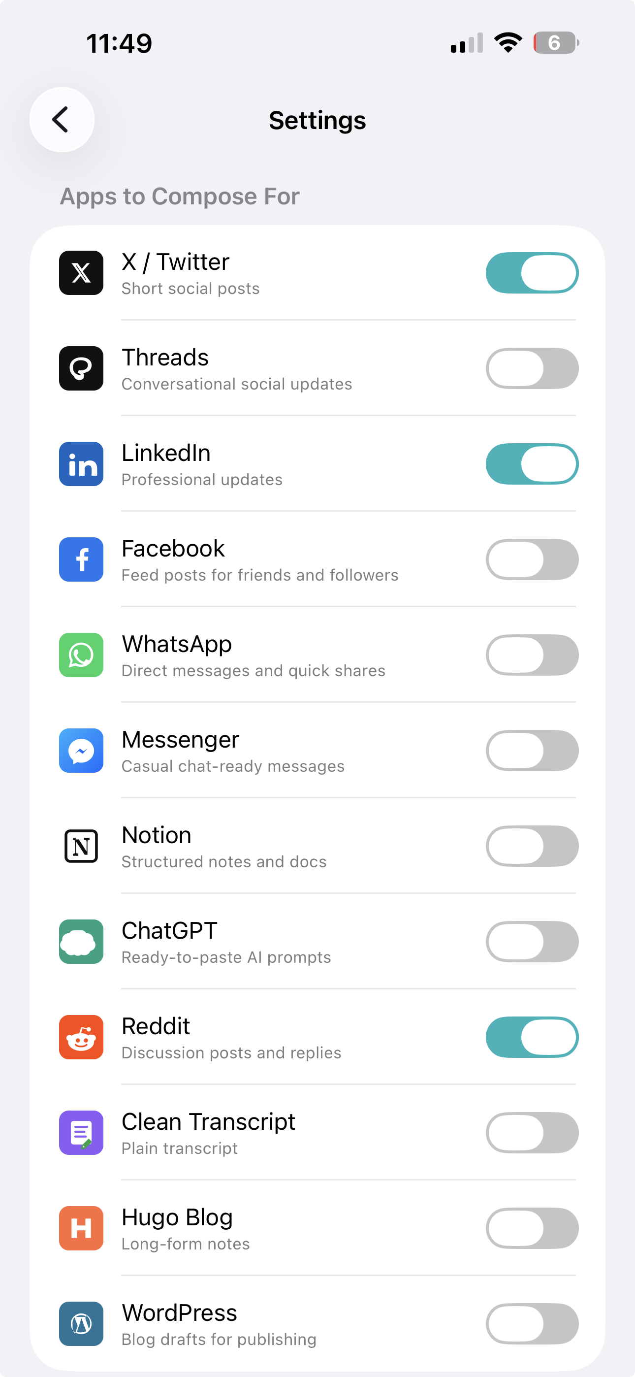 Dumple settings screen